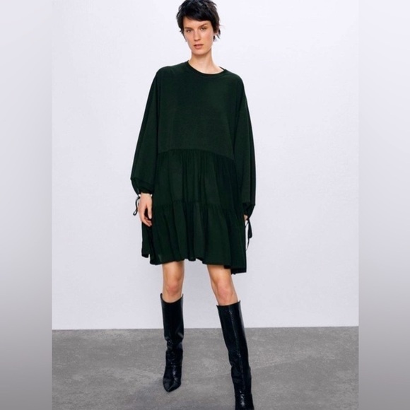 NWT ZARA Women’s Dark Hunter Green Relaxed Peasant Short‎ Dress Small S - Picture 1 of 13